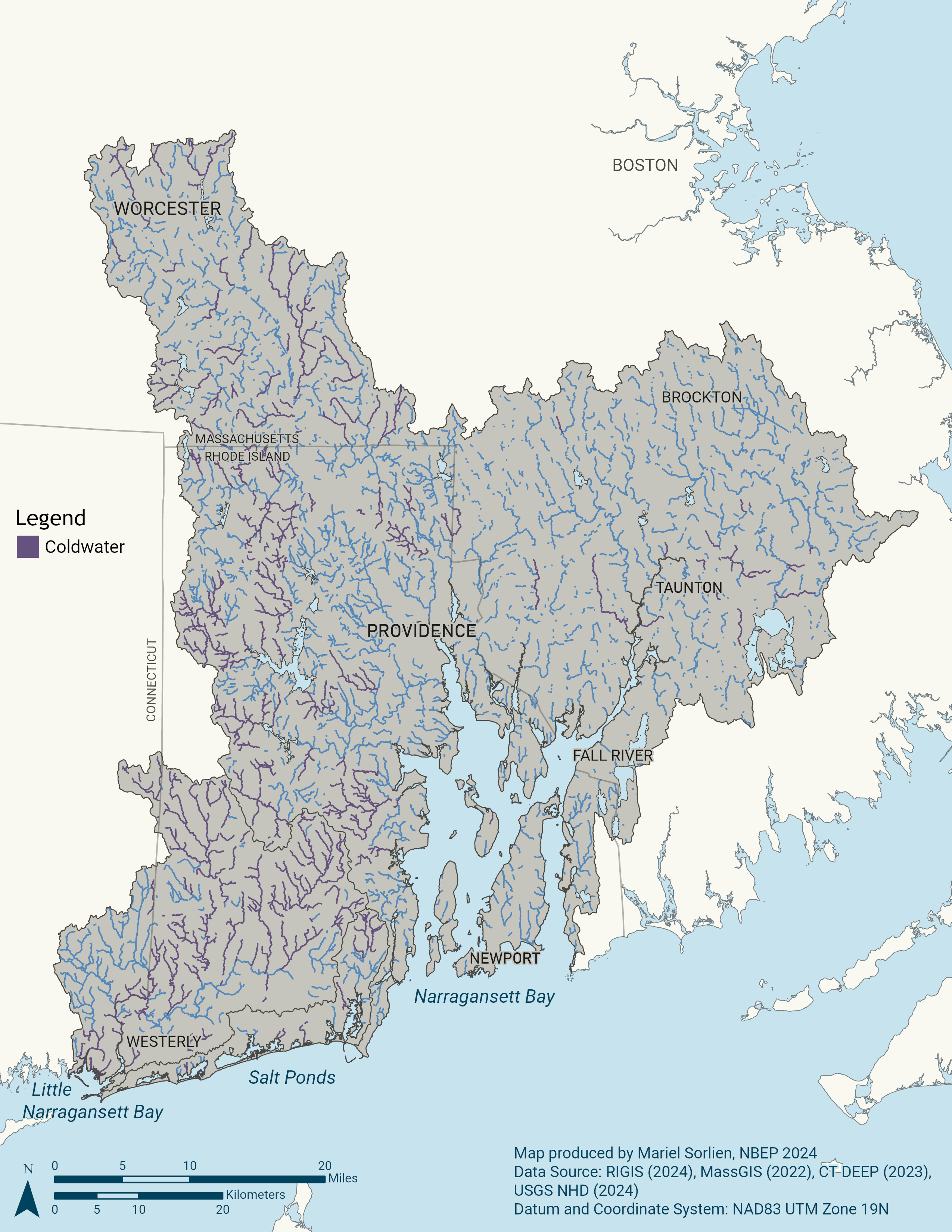 Map of coldwater streams in the Narragansett Bay region. Coldwater streams are in purple, all other streams are in blue.