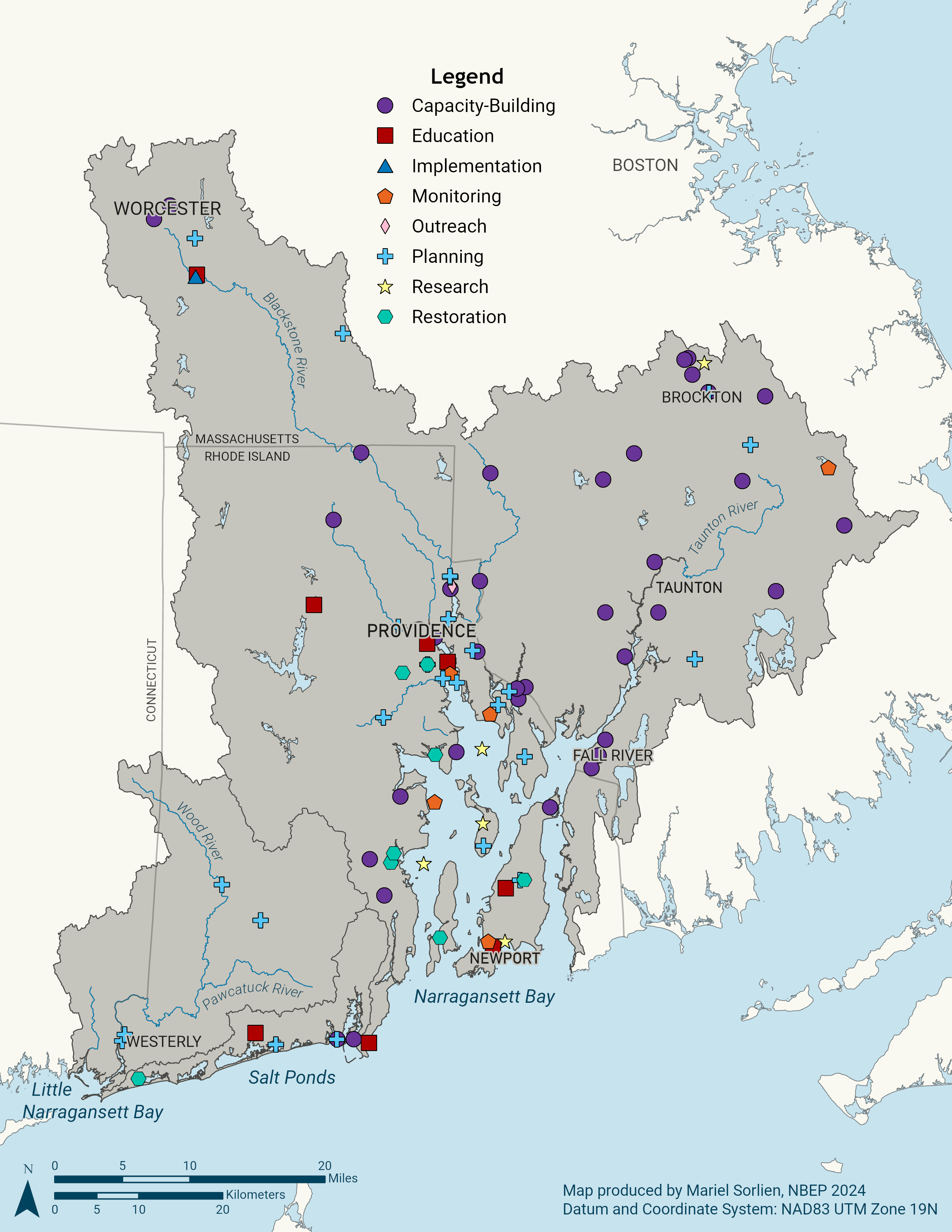 A map of projects funded by NBEP from 2012 to 2024. Categories include Capacity-Building, Education, Implementation, Monitoring, Outreach, Planning, Research, and Restoration. Capacity-building is the most common category.