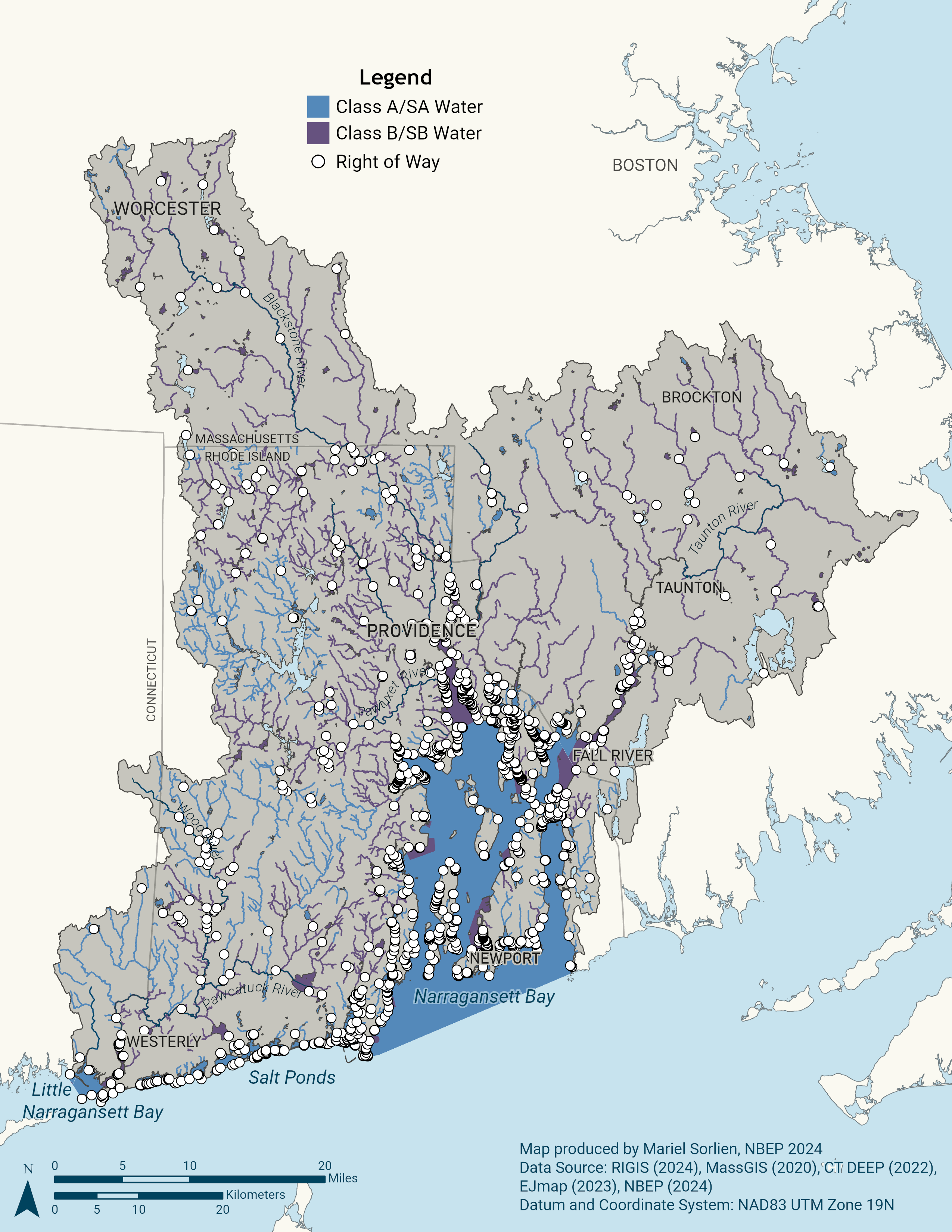 Map of impaired water and public rights of way in the Narragansett Bay region.