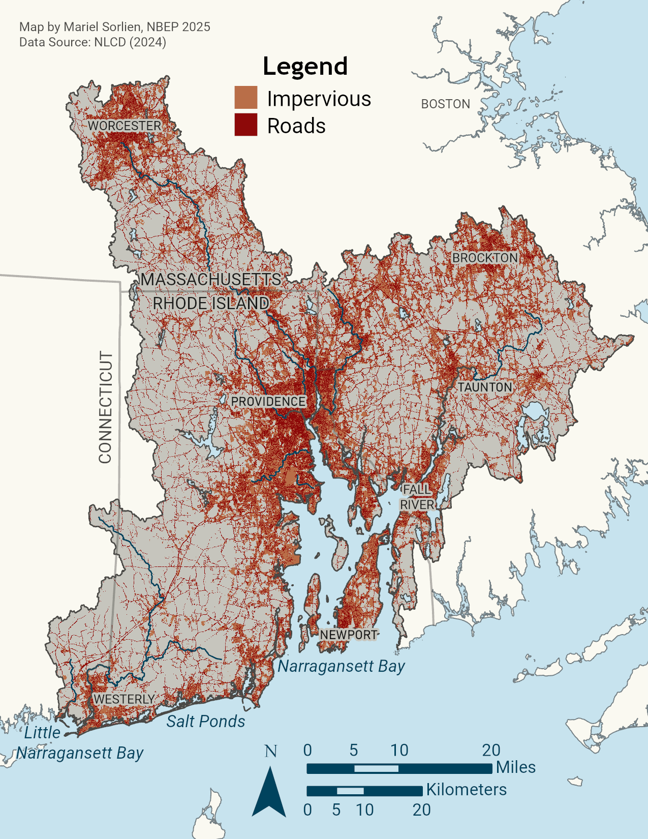 Map of the Narragansett Bay region showing impervious cover in dark orange and roads in red. Impervious cover is most dense in urban areas such as Providence, Worcester, Fall River, and Westerly.