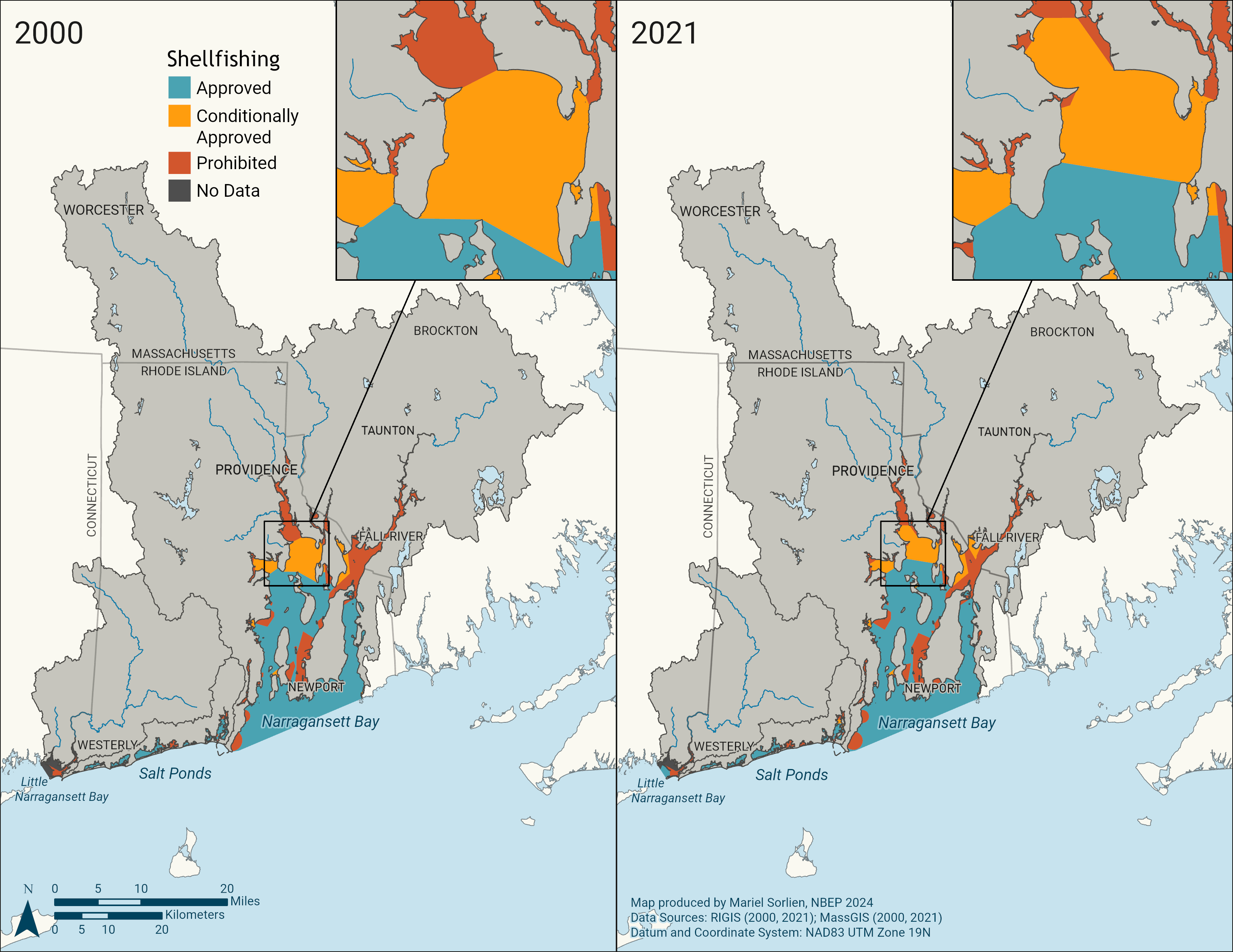 Side by side maps of shellfish harvesting restrictions in 2000 and 2021. There are three categories: blue is approved, orange is conditionally approved, and red is prohibited. The upper bay has a larger portion of prohibited and conditionally approved areas than the lower bay. An inset on each map shows the Providence River. A large portion of the Providence River that was conditionally open in 2000 is open in 2021. Additionally, some of the area that was prohibited is now conditionally approved.